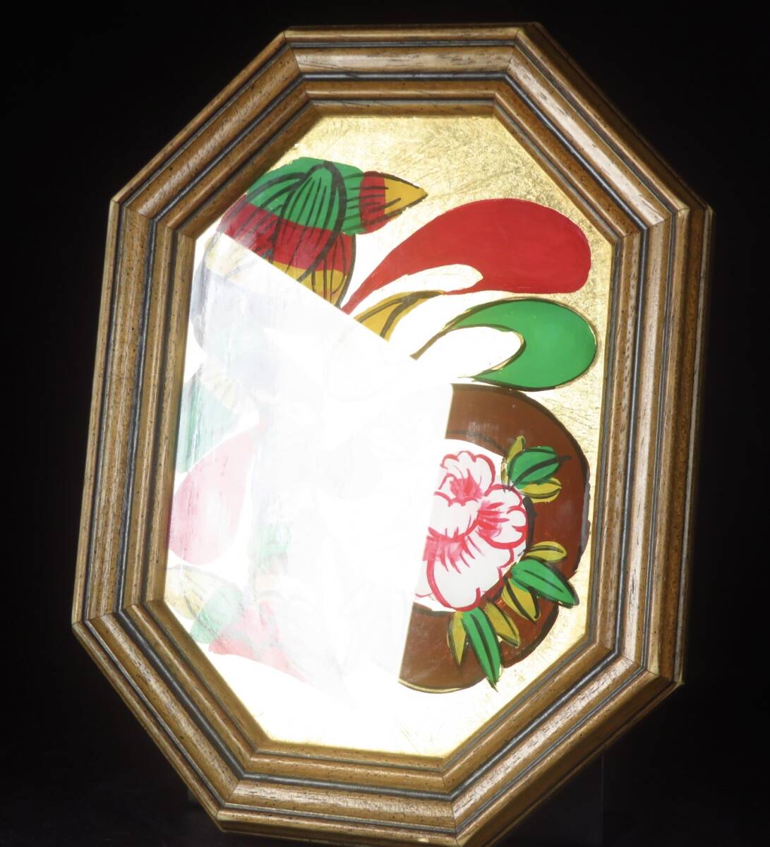 【SAKURAYA】秀逸作品【ガラス絵 福の字/人間国宝 芹沢銈介】硝子 ガラス画 文化功労者 作家 在銘 骨董品 古美術品 友シール 21.5×28_画像6