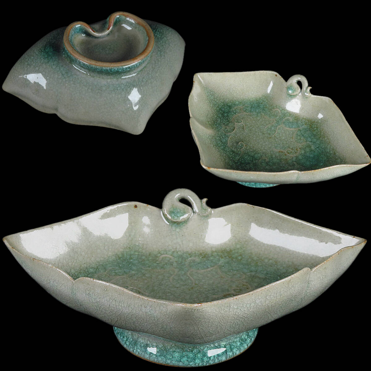 【SAKURAYA】江戸時代 尾張徳川家への献上品 御深井焼 葵葉形皿 向付 青磁 小皿 茶道具 希少品 時代 骨董品 古美術品 全長17cm_画像1