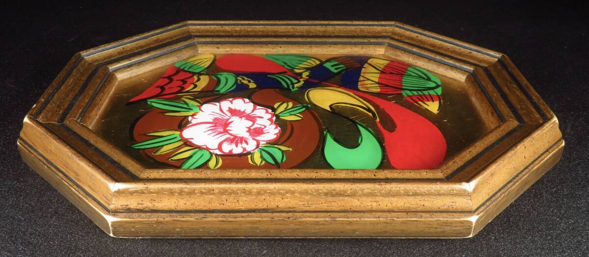 【SAKURAYA】秀逸作品【ガラス絵 福の字/人間国宝 芹沢銈介】硝子 ガラス画 文化功労者 作家 在銘 骨董品 古美術品 友シール 21.5×28_画像8