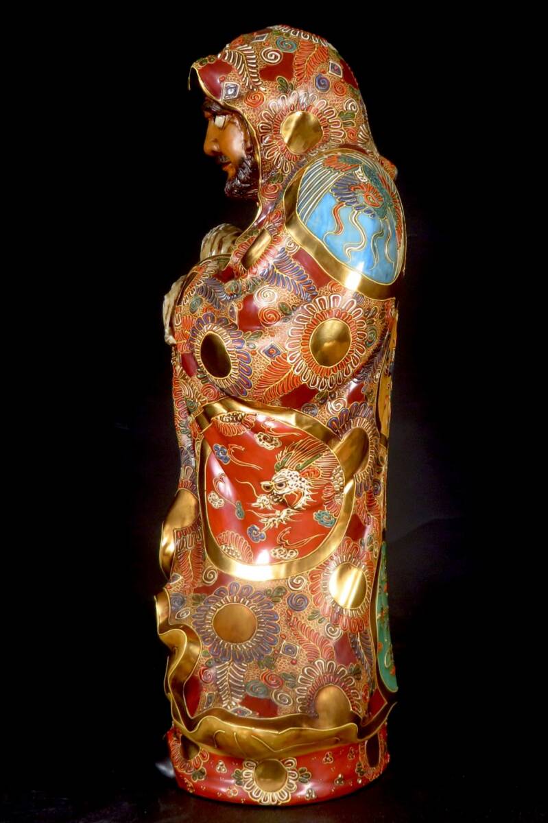 【SAKURAYA】高さ60cmの大型作品【九谷焼 金彩 色絵 達磨大師 立像/九谷 八幡窯】置物 オブジェ 細密彫刻 時代 希少 骨董品 古美術品_画像5