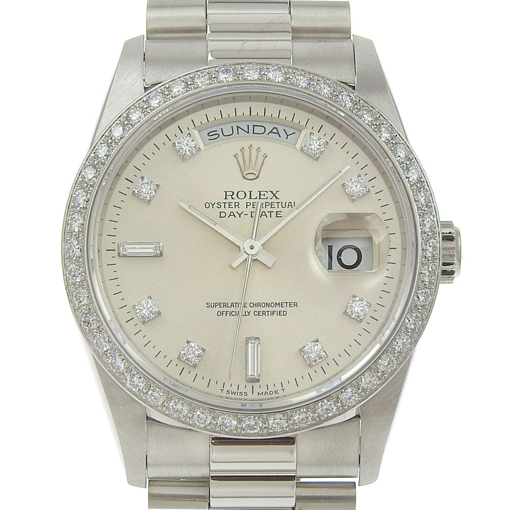 【本物保証】 箱付 新品同様 ロレックス ROLEX デイデイト 18346A W番 1995年頃 シルバー文字盤 ベゼルダイヤ 純正 10Pダイヤ Pt900 176.5g_画像1