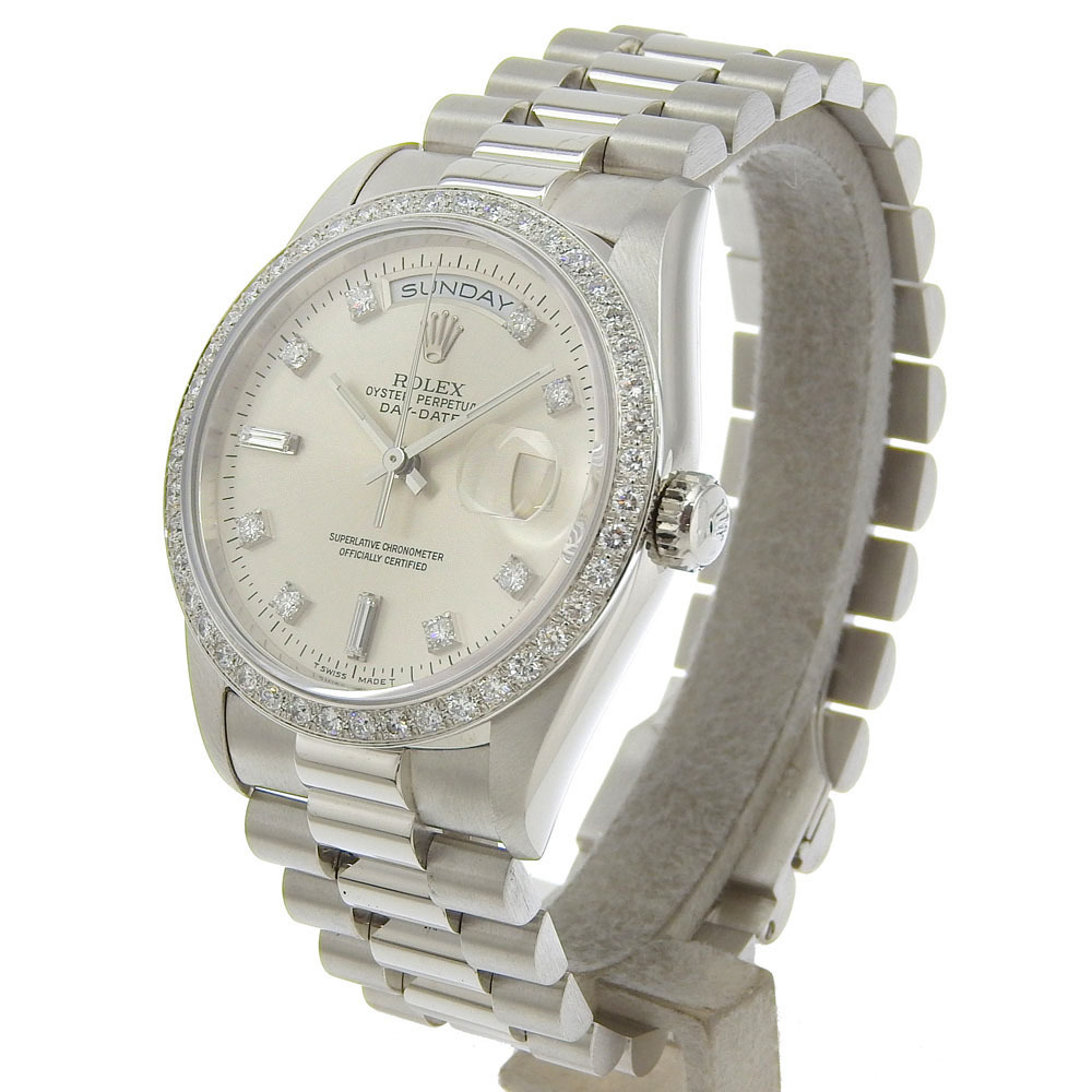 【本物保証】 箱付 新品同様 ロレックス ROLEX デイデイト 18346A W番 1995年頃 シルバー文字盤 ベゼルダイヤ 純正 10Pダイヤ Pt900 176.5g_画像2