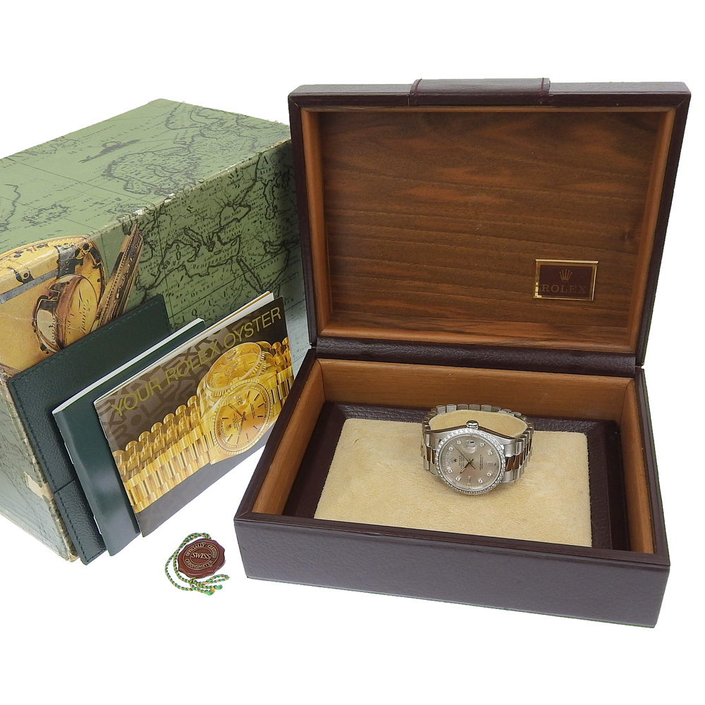 【本物保証】 箱付 新品同様 ロレックス ROLEX デイデイト 18346A W番 1995年頃 シルバー文字盤 ベゼルダイヤ 純正 10Pダイヤ Pt900 176.5g_画像9