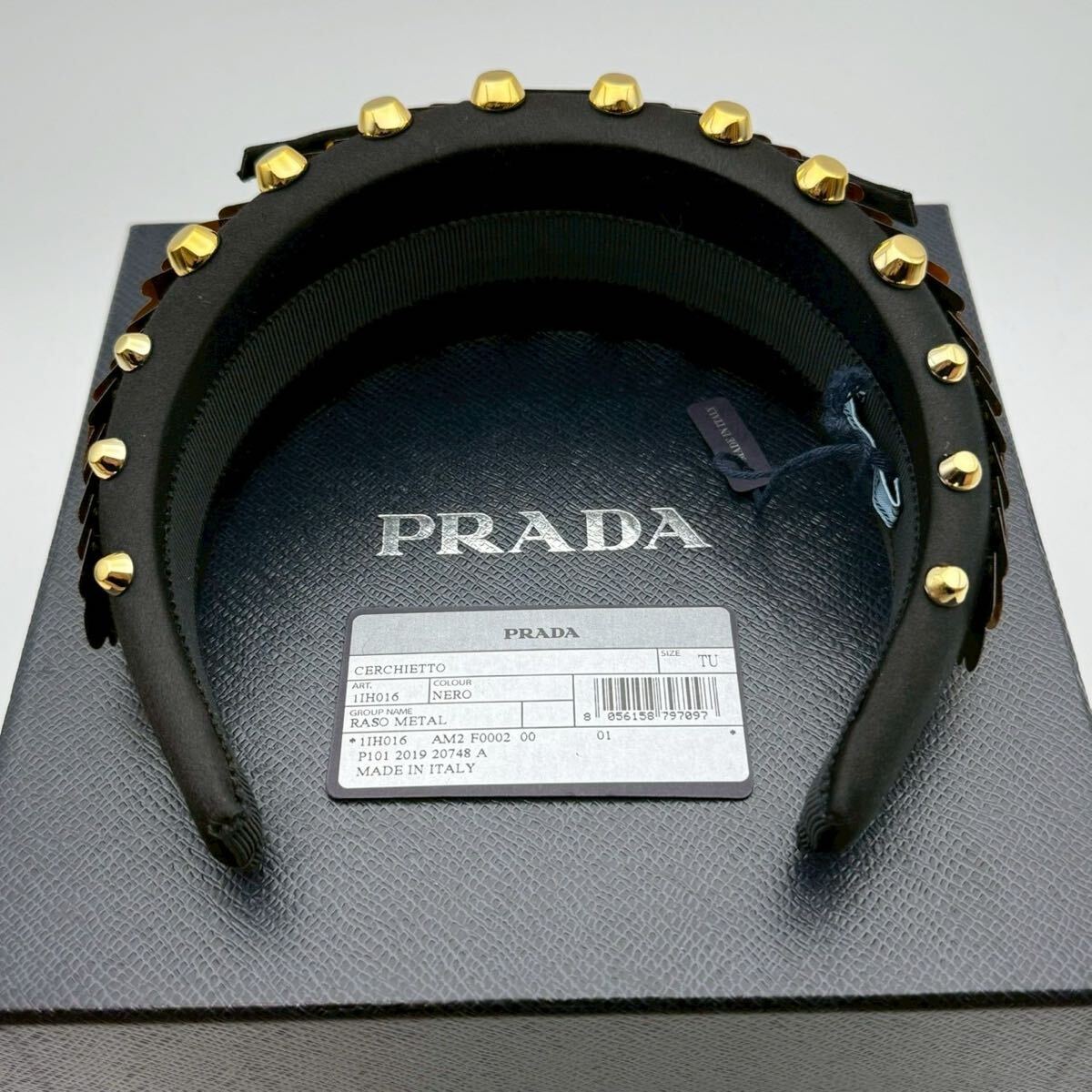 [ супер супер редкий * не использовался хранение товар ]PRADA Prada лента-ободок napa кожа атлас лента Gold заклепки украшен блестками аксессуары для волос 