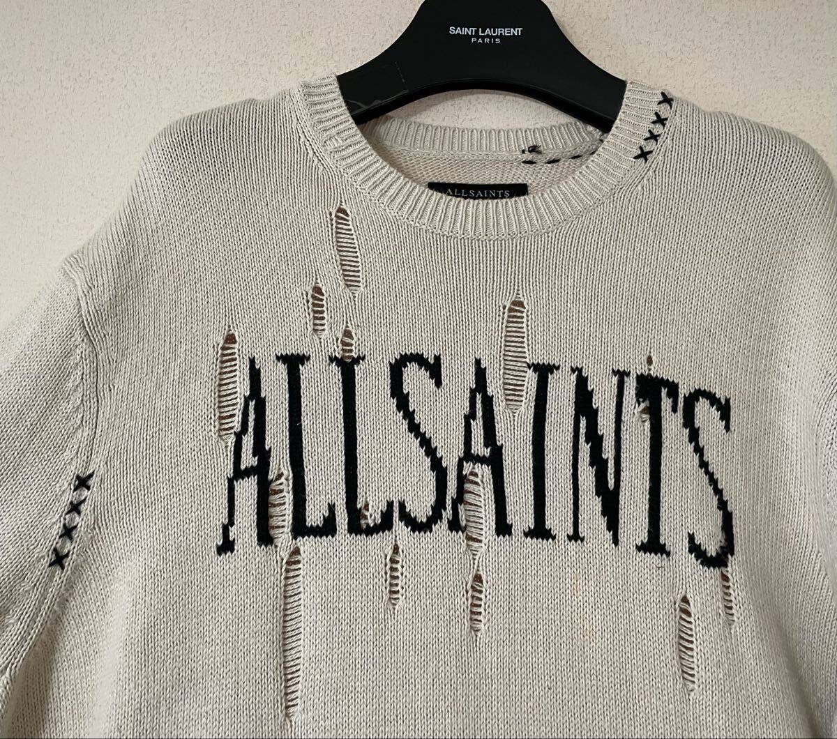 定価33,000円★ALL SAINTS 20-21aw ロゴ ダメージ加工 オーバーサイズ ニット オールセインツ ライダース _画像3