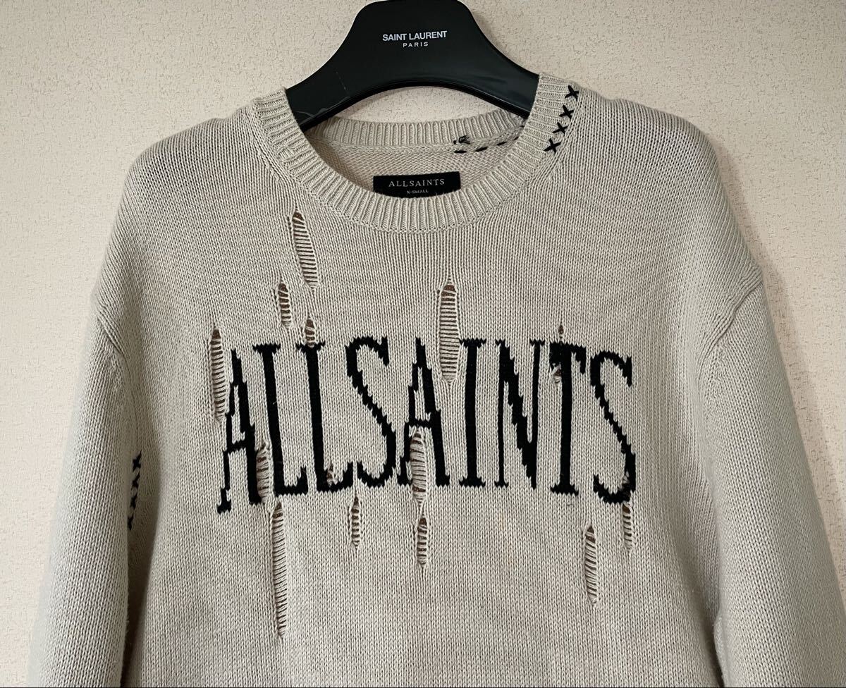 定価33,000円★ALL SAINTS 20-21aw ロゴ ダメージ加工 オーバーサイズ ニット オールセインツ ライダース _画像2