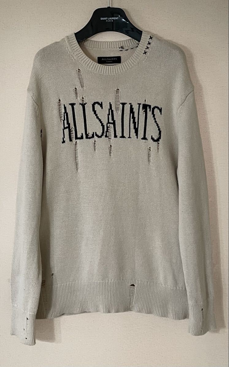 定価33,000円★ALL SAINTS 20-21aw ロゴ ダメージ加工 オーバーサイズ ニット オールセインツ ライダース _画像1