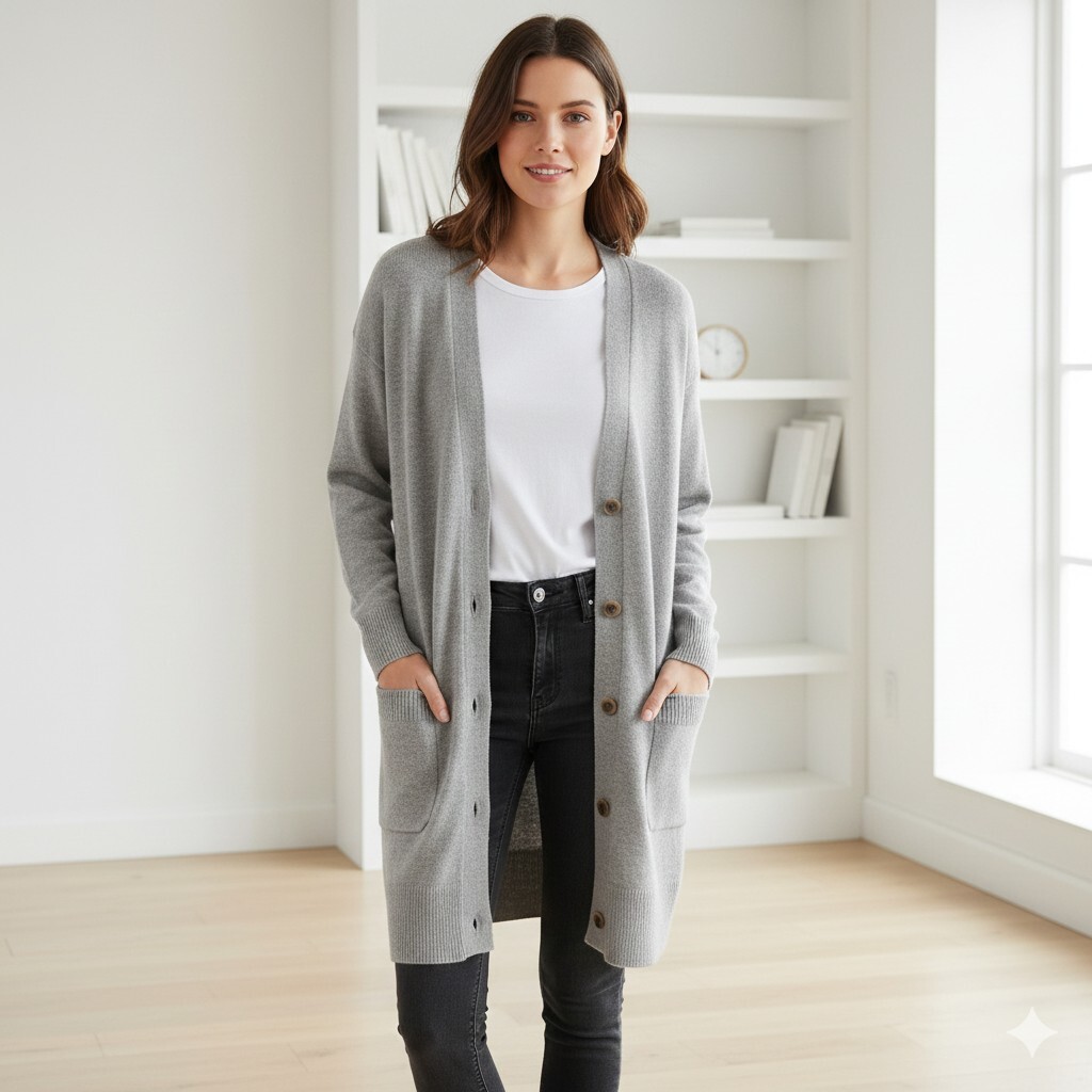 【美品】PLST プラステ ウール100% ロングカーディガン M グレー Vネック 12-0403052 / プレミアムウール 厚手 秋冬_画像8