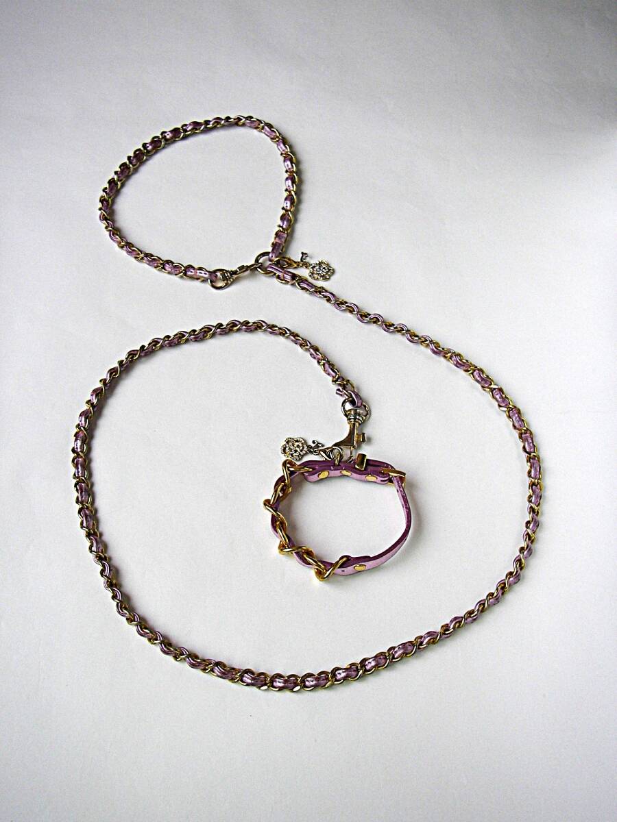 VOYAGE FOR LALA リードとカラーのセット ゴールドチェーン/ピンクストラップ チャーム付き ボヤージュ・フォー・ララ_画像1