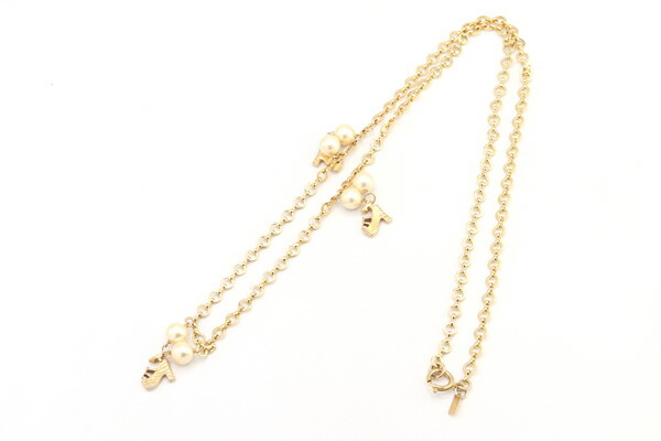Ferragamo колье обувь узор длинный колье Gold metal поддельный жемчуг б/у цепь аксессуары