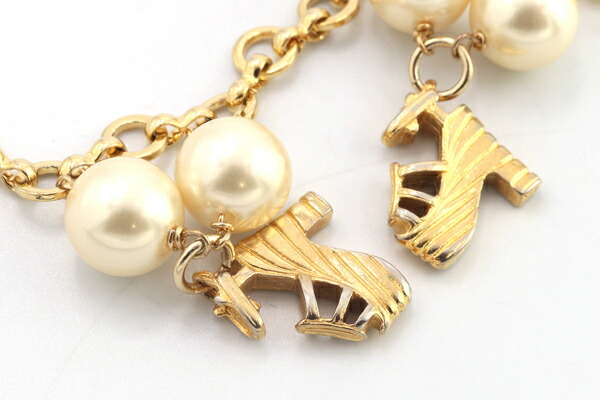 Ferragamo колье обувь узор длинный колье Gold metal поддельный жемчуг б/у цепь аксессуары