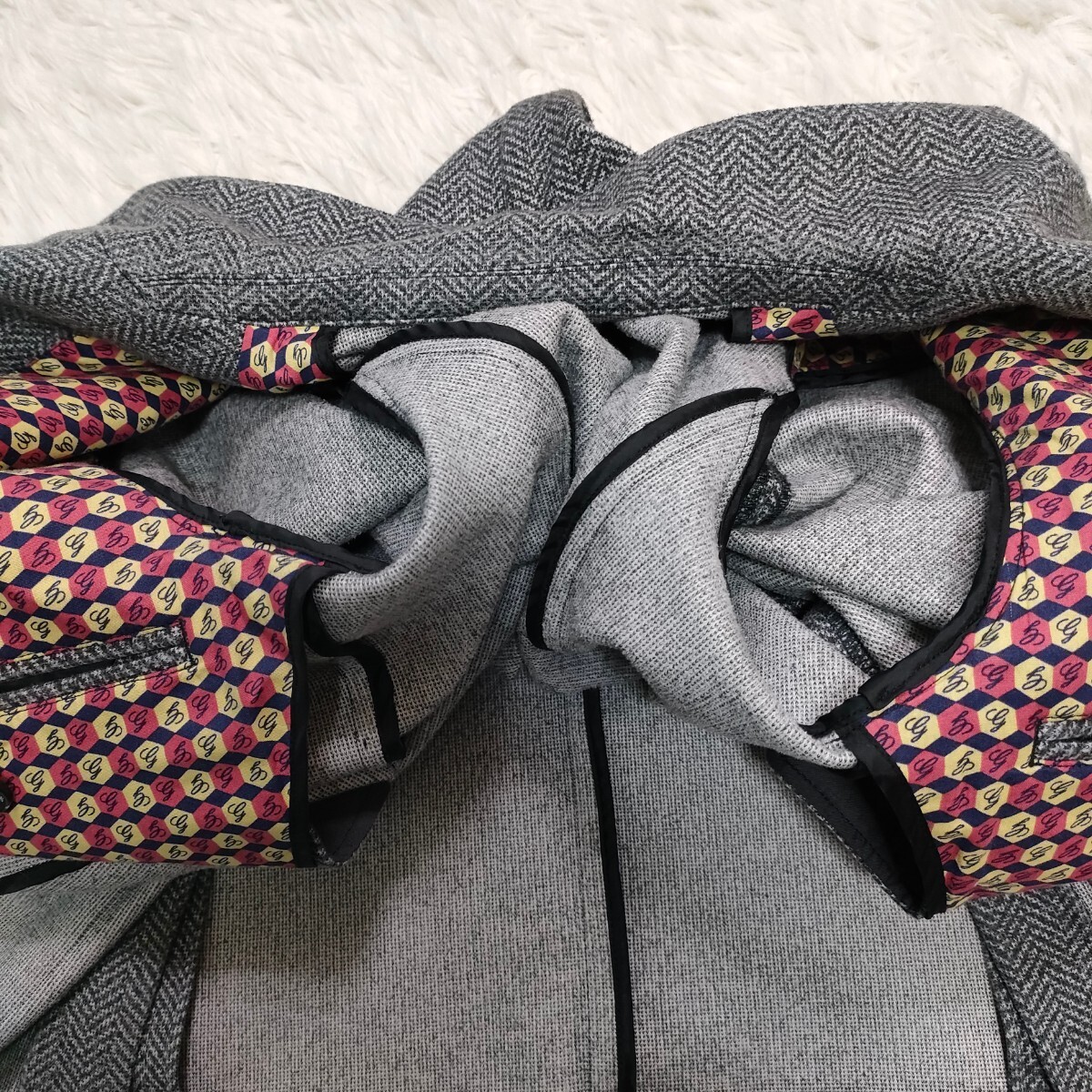 【美品/稀少L】G-STAGE ジーステージ テーラードジャケット ダウンファブリック ストレッチ ジャージ 防寒 ヘリンボーン モノグラム メンズ_画像3