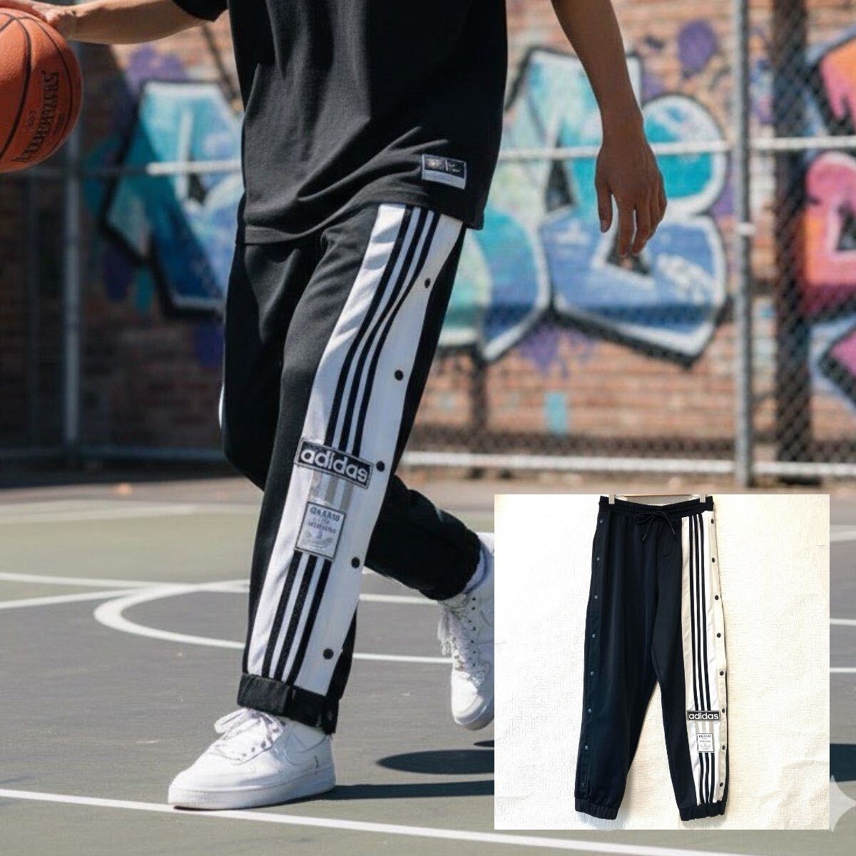 バスケやスポーツシーンに！【adidas】アディダス アディブレイク ジャージ パンツ サイドボタン 運動 練習 ブラック メンズ M/Y37775UU_画像1