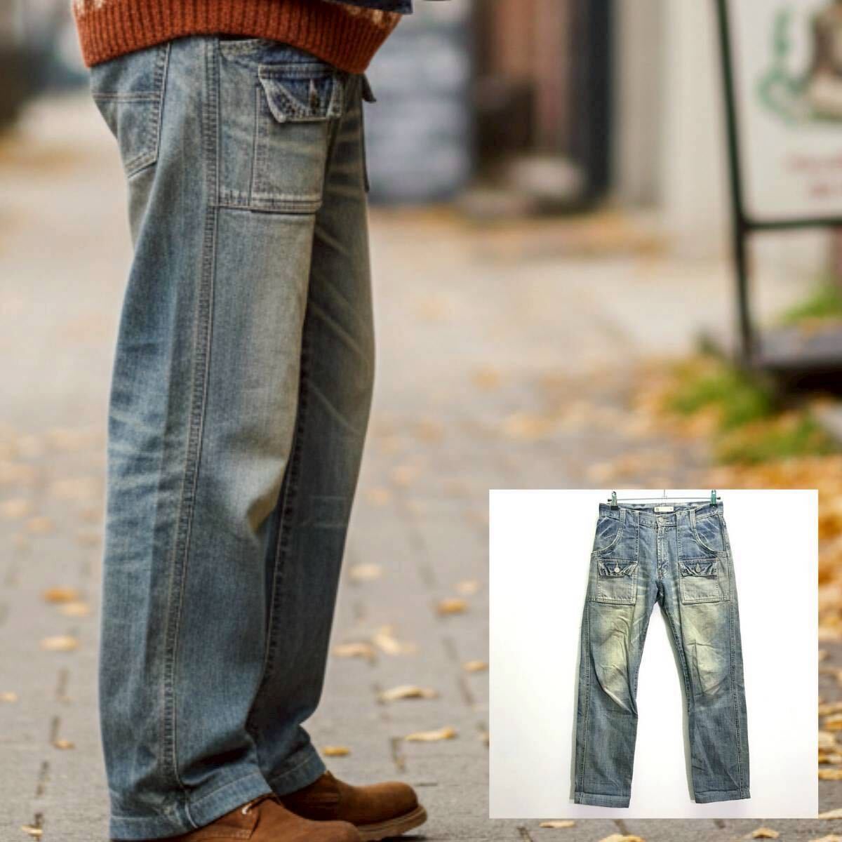 雰囲気勝負◎ダメージ&ユーズド加工【GLOBAL WORK】グローバルワーク デニム ジーンズ ブッシュパンツ 古着 ワーク インディゴ S /Y38016ii_画像1