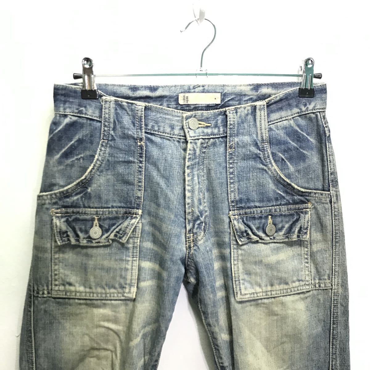 雰囲気勝負◎ダメージ&ユーズド加工【GLOBAL WORK】グローバルワーク デニム ジーンズ ブッシュパンツ 古着 ワーク インディゴ S /Y38016ii_画像4