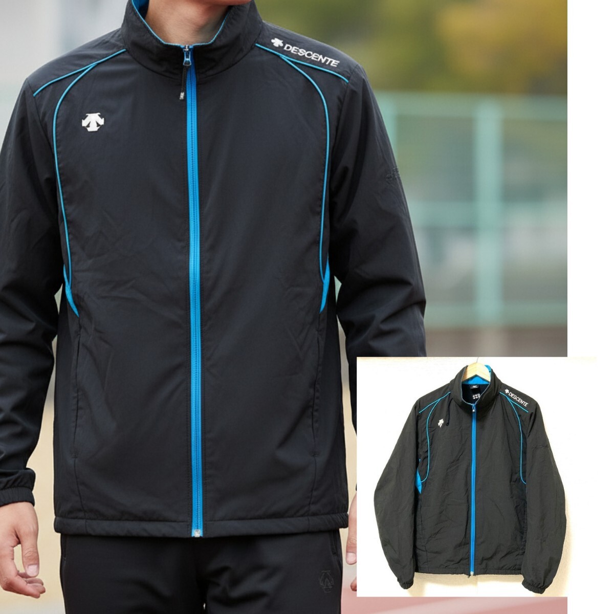 様々なスポーツに!【DESCENTE】デサント ジップアップ ウィンドブレーカー 運動 フード収納 トレーニング ジャージ ブラック L/Y24103UU_画像1
