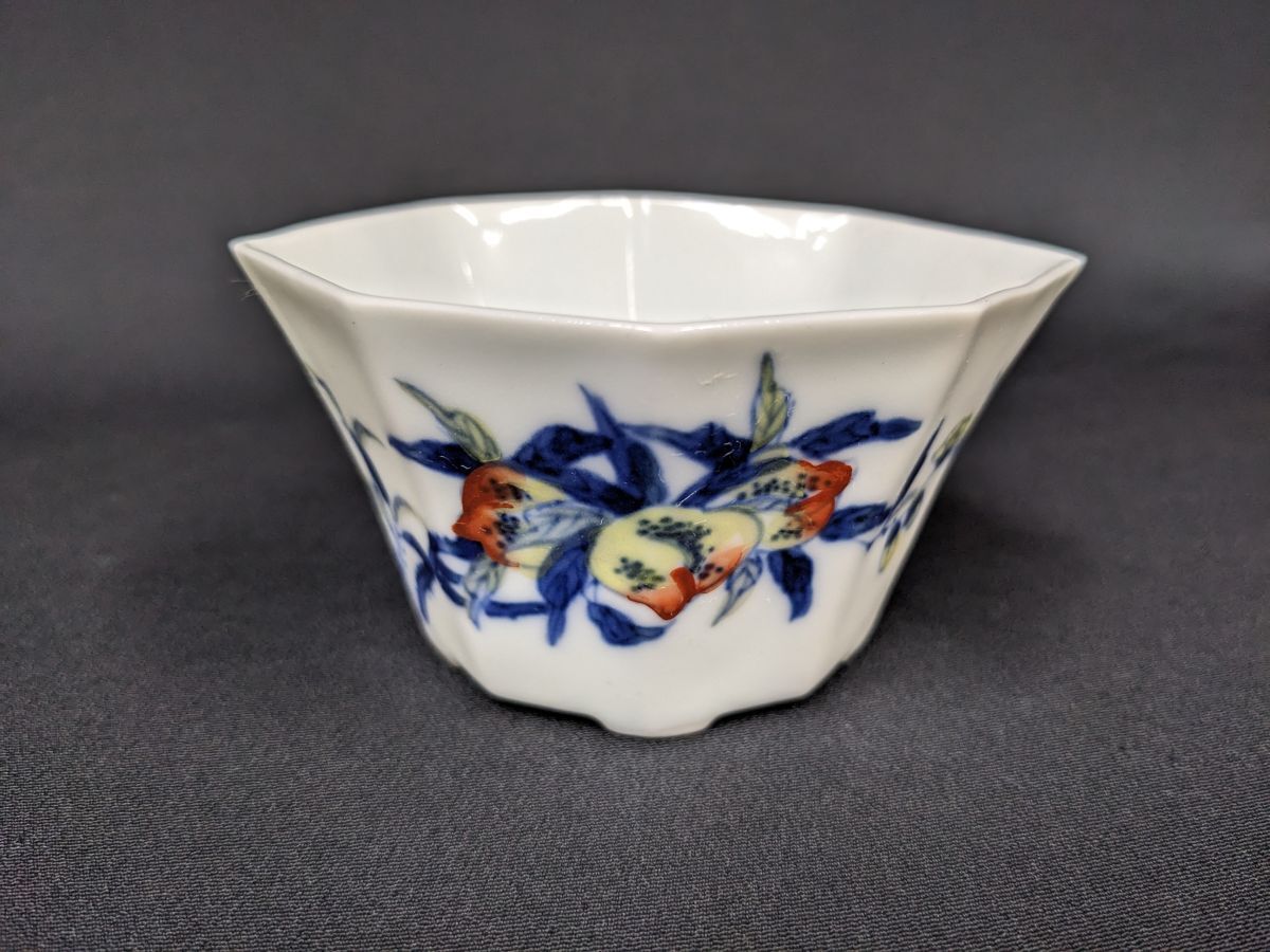 W903 京焼 平安九宝 染付色絵桃文湯冷 煎茶碗5客 「桃熱三千年」/60_画像3