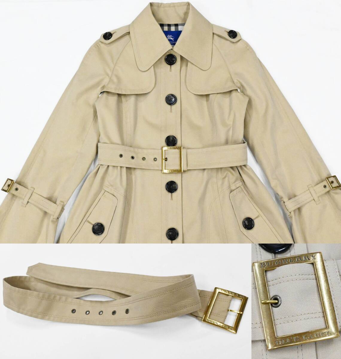 R503★良品 BURBERRY BLUE LABEL バーバリー ブルー レーベル フレアライン コットン トレンチコート 40 ベージュ Y2K スプリングコート_画像6