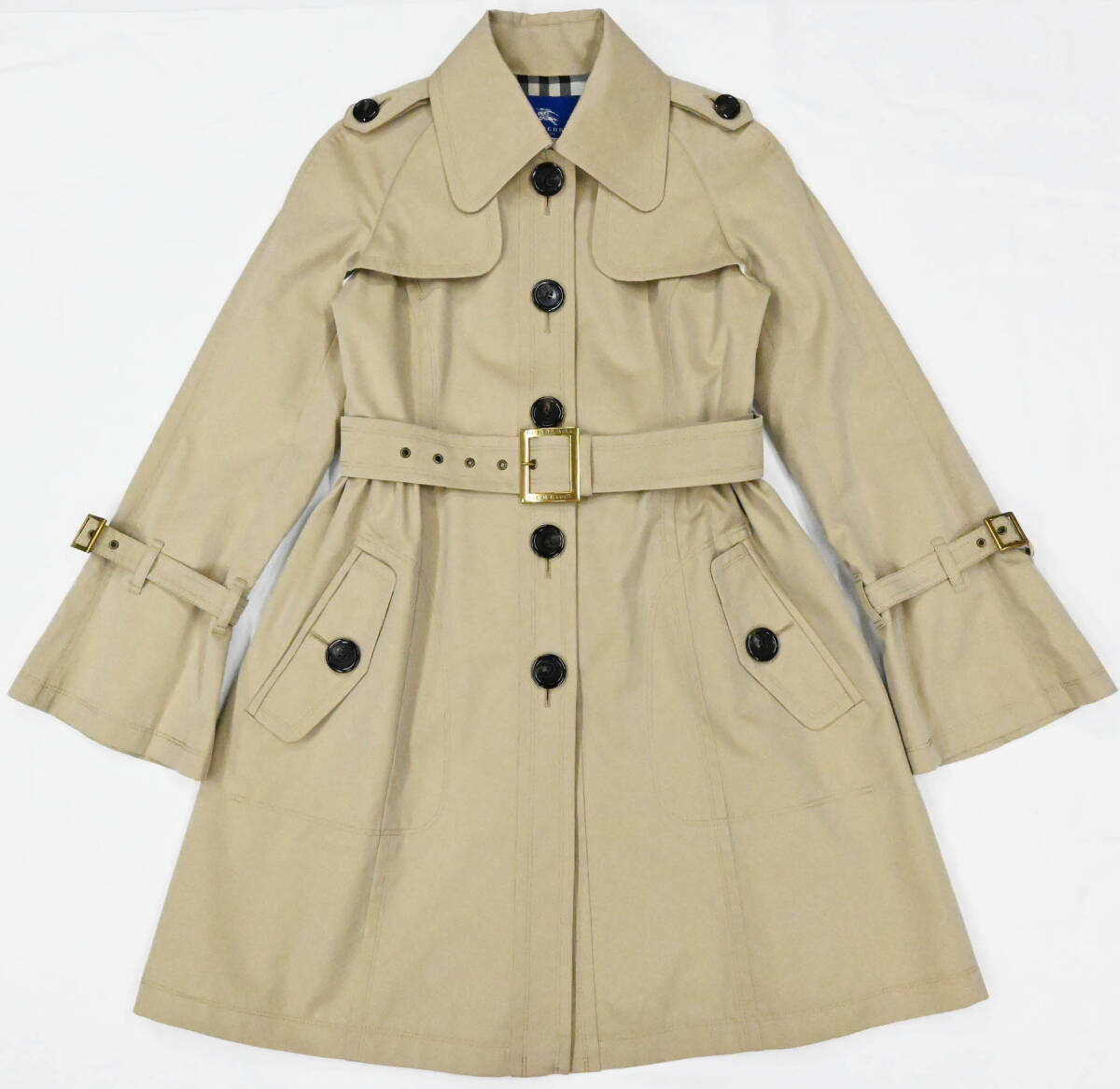 R503★良品 BURBERRY BLUE LABEL バーバリー ブルー レーベル フレアライン コットン トレンチコート 40 ベージュ Y2K スプリングコート_画像4