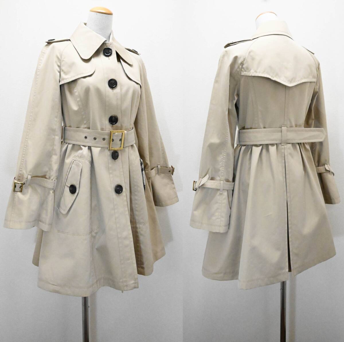 R503★良品 BURBERRY BLUE LABEL バーバリー ブルー レーベル フレアライン コットン トレンチコート 40 ベージュ Y2K スプリングコート_画像3
