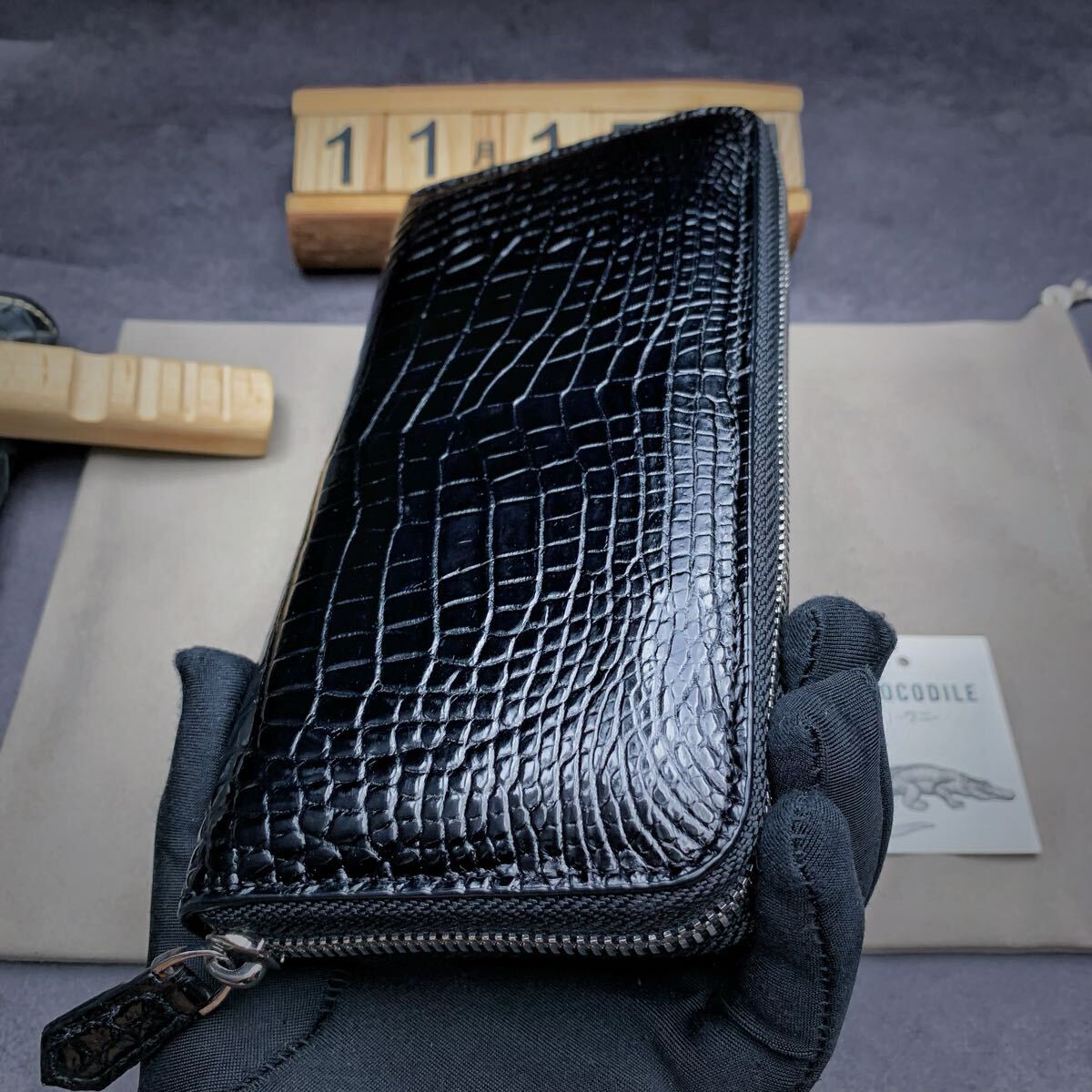 貴重定番色【センター一枚革】 クロコダイル ワニ革 長財布 ラウンドファスナー 本物保証 肚革使用 小銭入れあり ビジネス財布 実物写真_画像7
