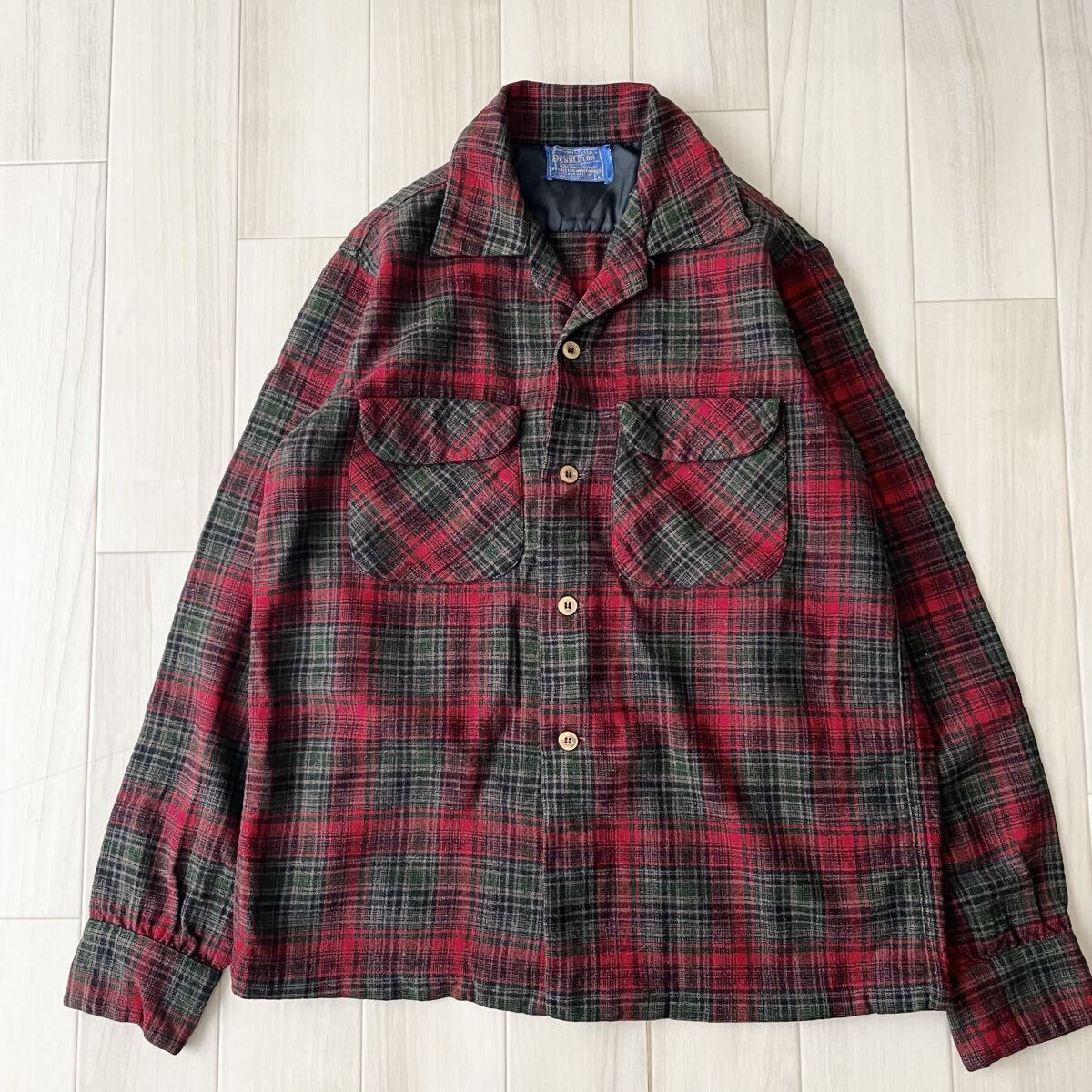 60s PENDLETON ウール ボードシャツ L ペンドルトン オンブレ チェック オープンカラー 開襟 アメリカ製 USA製 ビンテージ vintage 1960_画像1