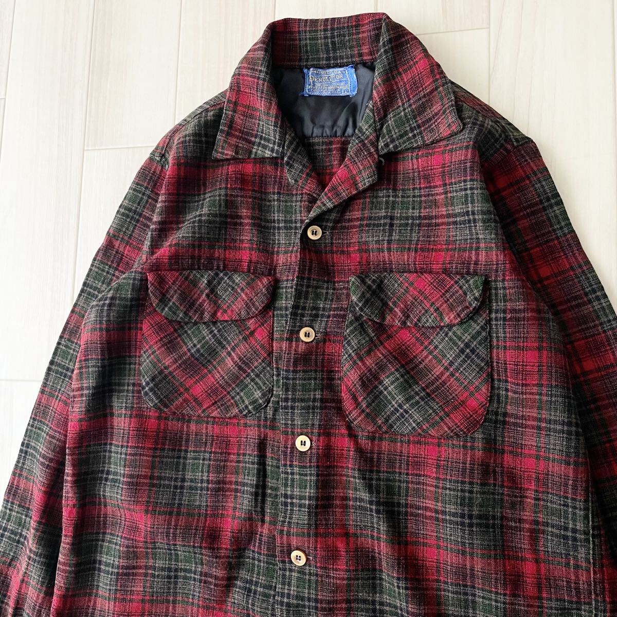 60s PENDLETON ウール ボードシャツ L ペンドルトン オンブレ チェック オープンカラー 開襟 アメリカ製 USA製 ビンテージ vintage 1960_画像2