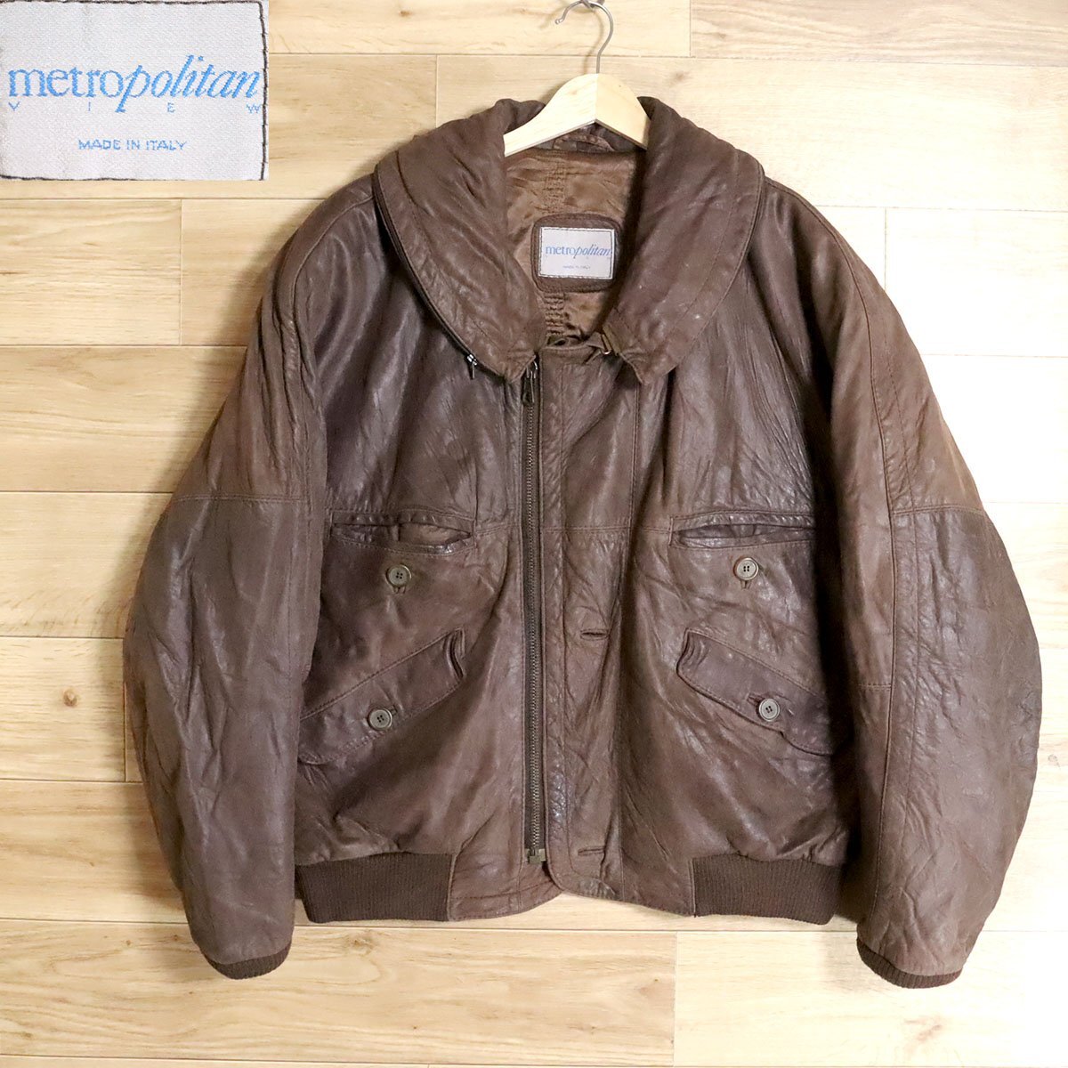 Y5R/D9.24-3　イタリア製　metropolitan　レザーブルゾン　本革　ボンバージャケット　収納フード　中綿　革ジャン　50　ユーロ古着_画像1