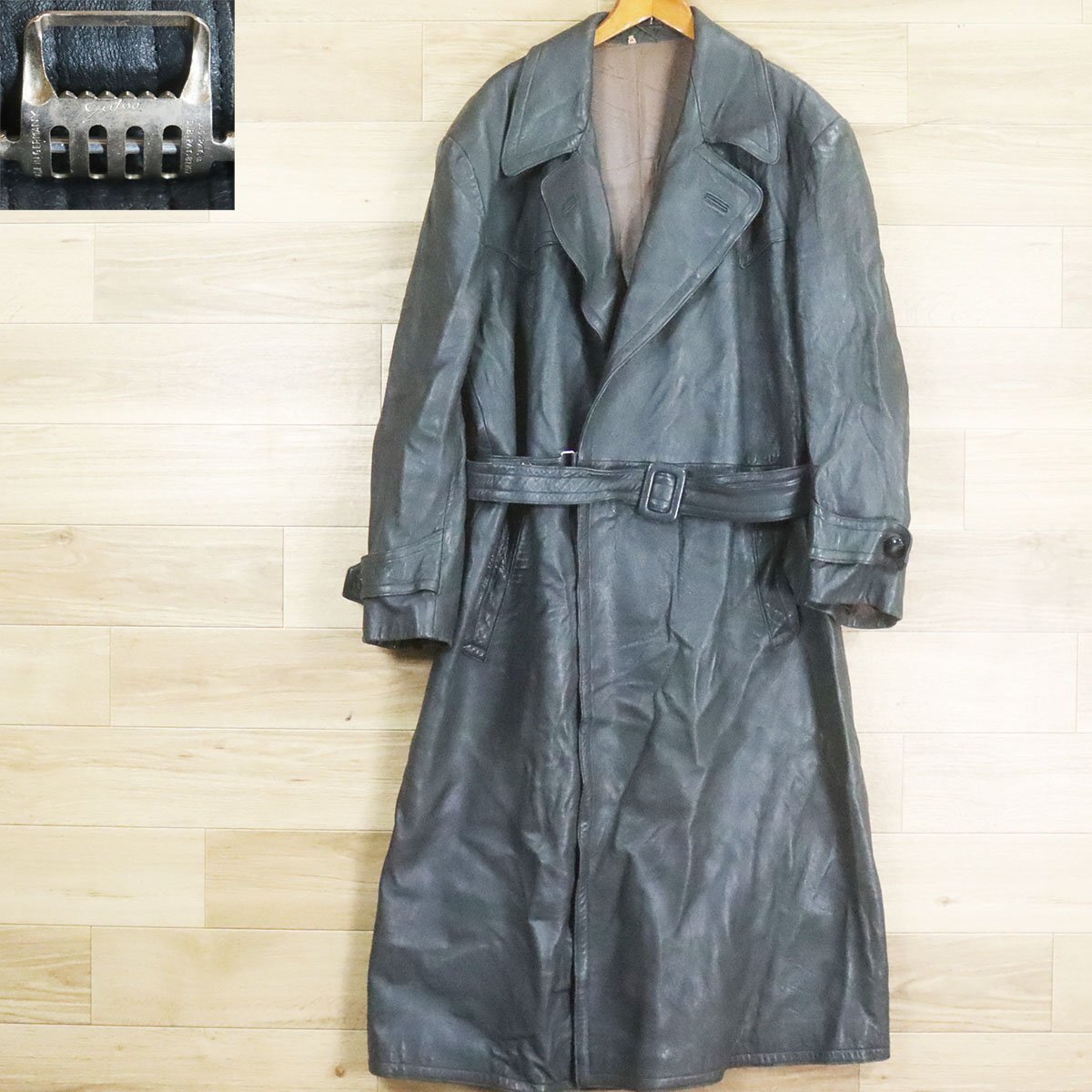 D10O/O9.25-3 ユーロヴィンテージ ドイツ製 レザーモーターサイクルコート 本革 革コート 皮コート レザーコート メンズ グレー系_画像1