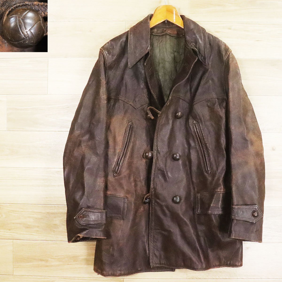 L8K/O9.19-6　ユーロ古着　ダブルブレスト　レザーコート　本革　レザーカーコート　レザージャケット　革ジャン　皮ジャン　ブルゾン_画像1