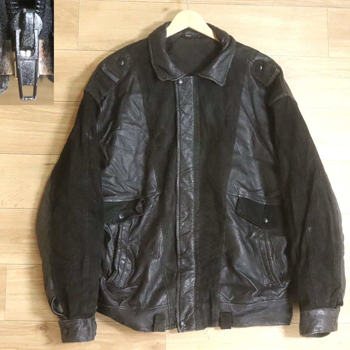 ?1R/O8.28-7　ユーロ古着　レザージャケット　本革　レザーブルゾン　ミリタリージャケット　革ジャン　皮ジャン　切り替え　ブラック_画像1