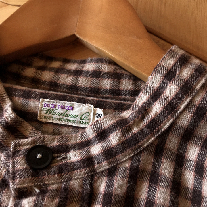 WAREHOUSE & CO. バンドカラー チェック プルオーバー シャツ メンズ 36 長袖 古着 ウェアハウス_画像6