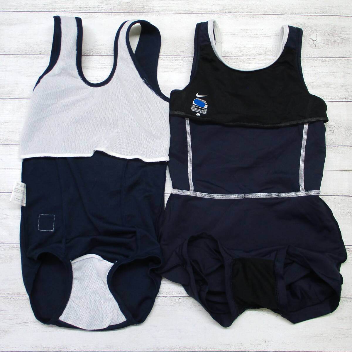 F0141☆競泳水着 女子 120サイズ ジュニア 2枚セット ネイビー 紺黒系 ワンピース スカート 水泳 スイム スイミング プール_画像3