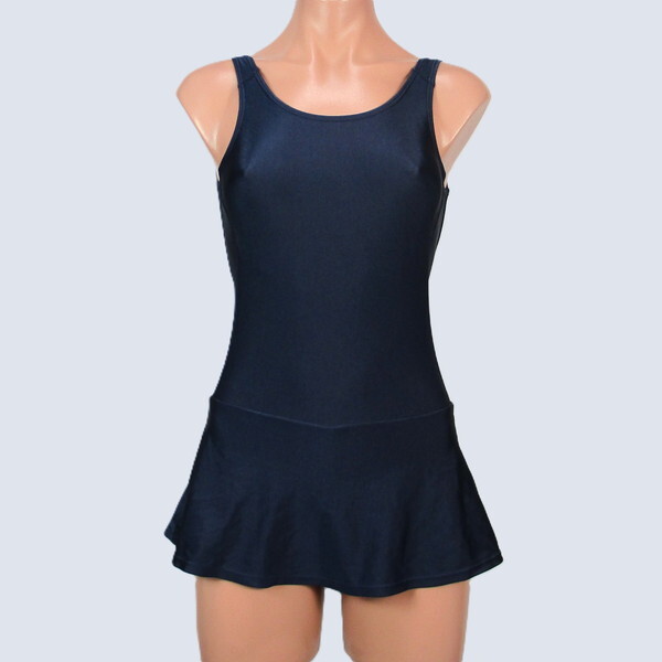 c5864★競泳水着 女子 レディース ジュニア ネイビー 紺黒系 ワンピース 140サイズ スカート つるすべ アイルズ 無地 シンプル かわいい 海_画像2