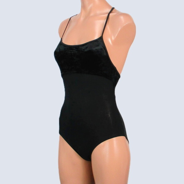 c5902★MALAKHOV by Chacott キャミソールレオタード 黒 ベロア バッククロスストラップ 130Jサイズ 女子 レディース バレエ 衣装 記名あり_画像1