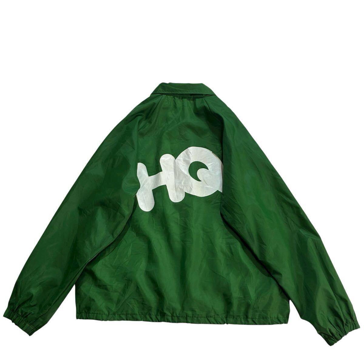 ビッグサイズ♪90s USA製 Cardinal ナイロン コーチジャケット L 緑 白 ビンテージ HQ ロゴ バックプリント 両面プリント フルスナップ_画像1
