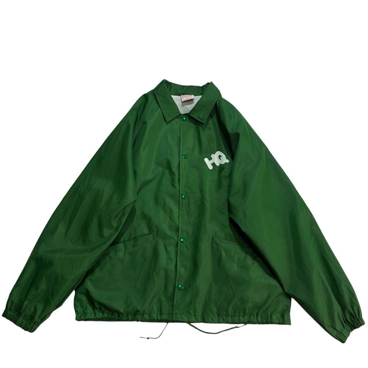 ビッグサイズ♪90s USA製 Cardinal ナイロン コーチジャケット L 緑 白 ビンテージ HQ ロゴ バックプリント 両面プリント フルスナップ_画像2