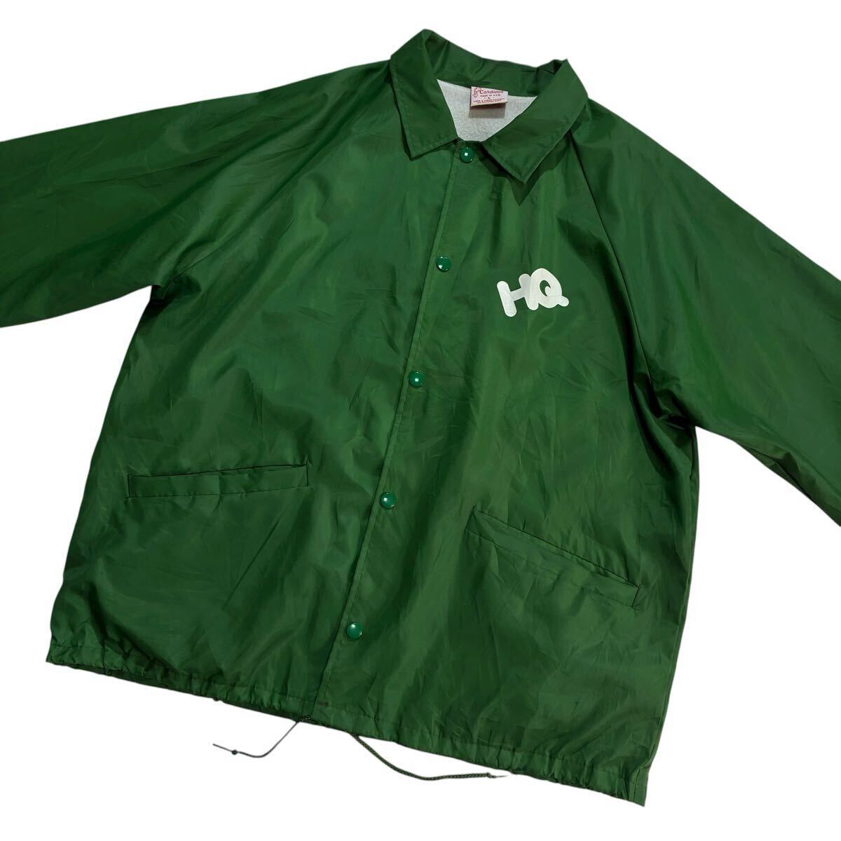 ビッグサイズ♪90s USA製 Cardinal ナイロン コーチジャケット L 緑 白 ビンテージ HQ ロゴ バックプリント 両面プリント フルスナップ_画像5