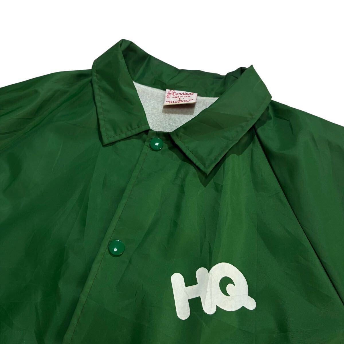 ビッグサイズ♪90s USA製 Cardinal ナイロン コーチジャケット L 緑 白 ビンテージ HQ ロゴ バックプリント 両面プリント フルスナップ_画像6