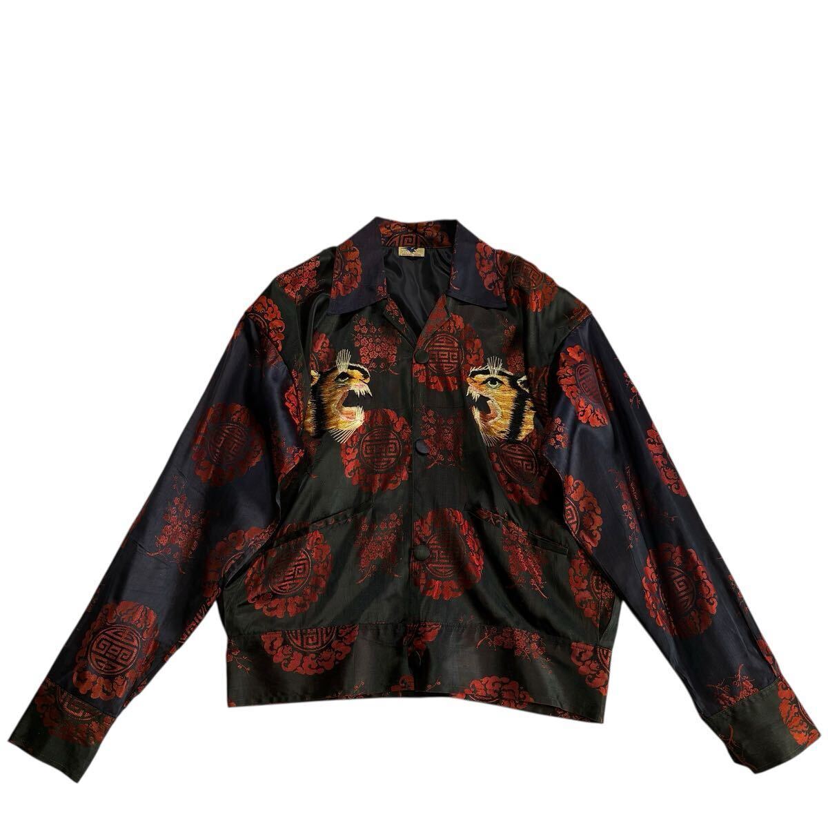 極上♪50s サテン スカジャケット 虎 黒 赤 ビンテージ 刺繍 Korea シャツ スカジャン スーベニアジャケット タイガー フルスナップ トラ_画像1
