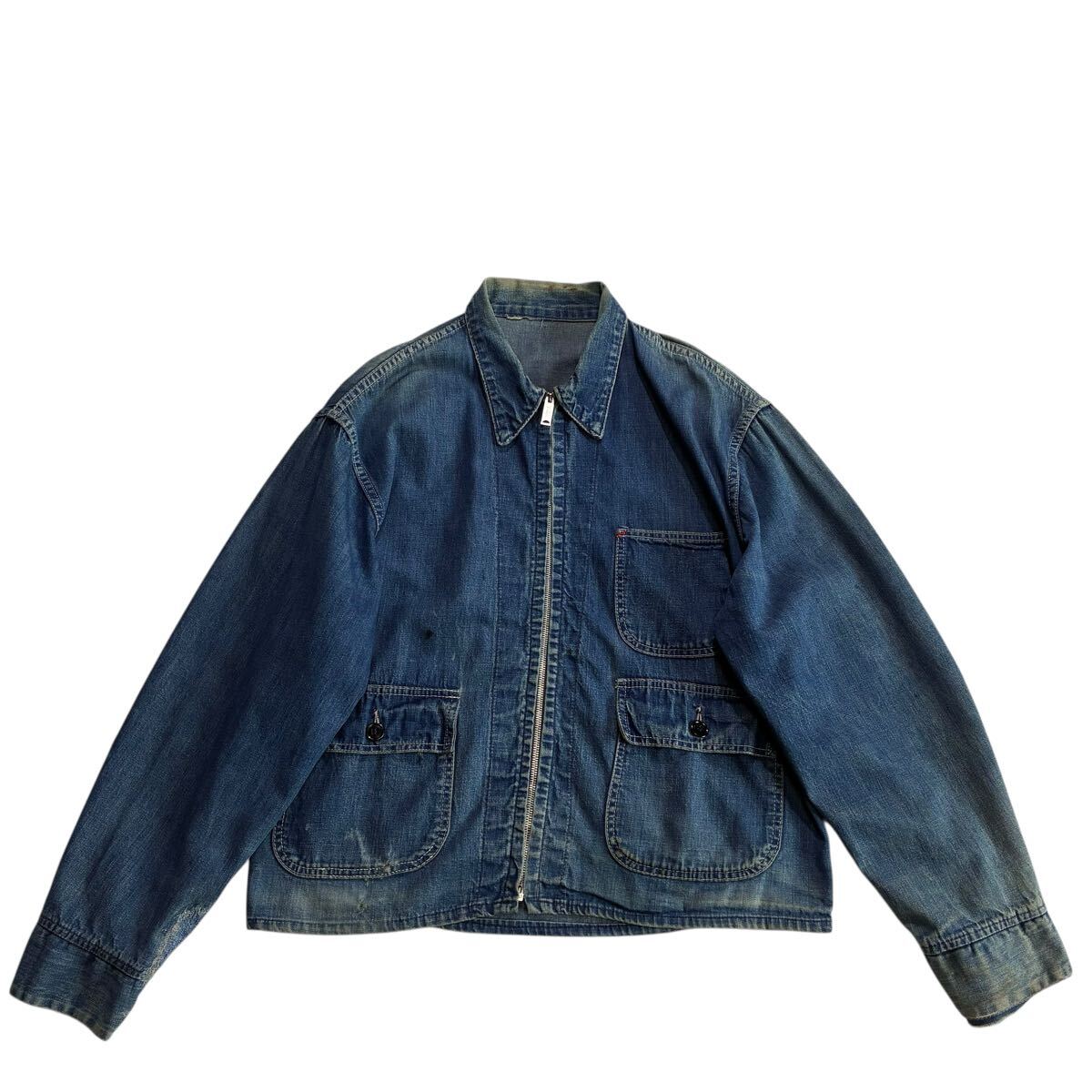 ビッグサイズ♪60s USA製 フルジップ デニム エンジニアジャケット ビンテージ カバーオール インディゴ ワークジャケット Unknown 50s_画像1