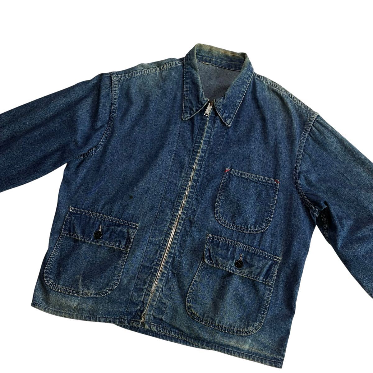 ビッグサイズ♪60s USA製 フルジップ デニム エンジニアジャケット ビンテージ カバーオール インディゴ ワークジャケット Unknown 50s_画像3