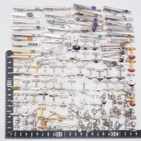 (KG1004) 1円 ネクタイピン カフスボタン アメジスト 真珠 パール オパール ガーネット 等 メンズアクセサリー 大量セット まとめて_画像3
