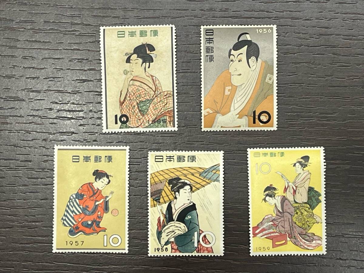 #1466 切手趣味週間 まとめ 5枚 1955-1959 喜多川歌麿/東洲斎写楽/鈴木春信/鳥居清長/鳥分斎栄之 浮世絵 日本郵便 コレクション 現状品_画像1