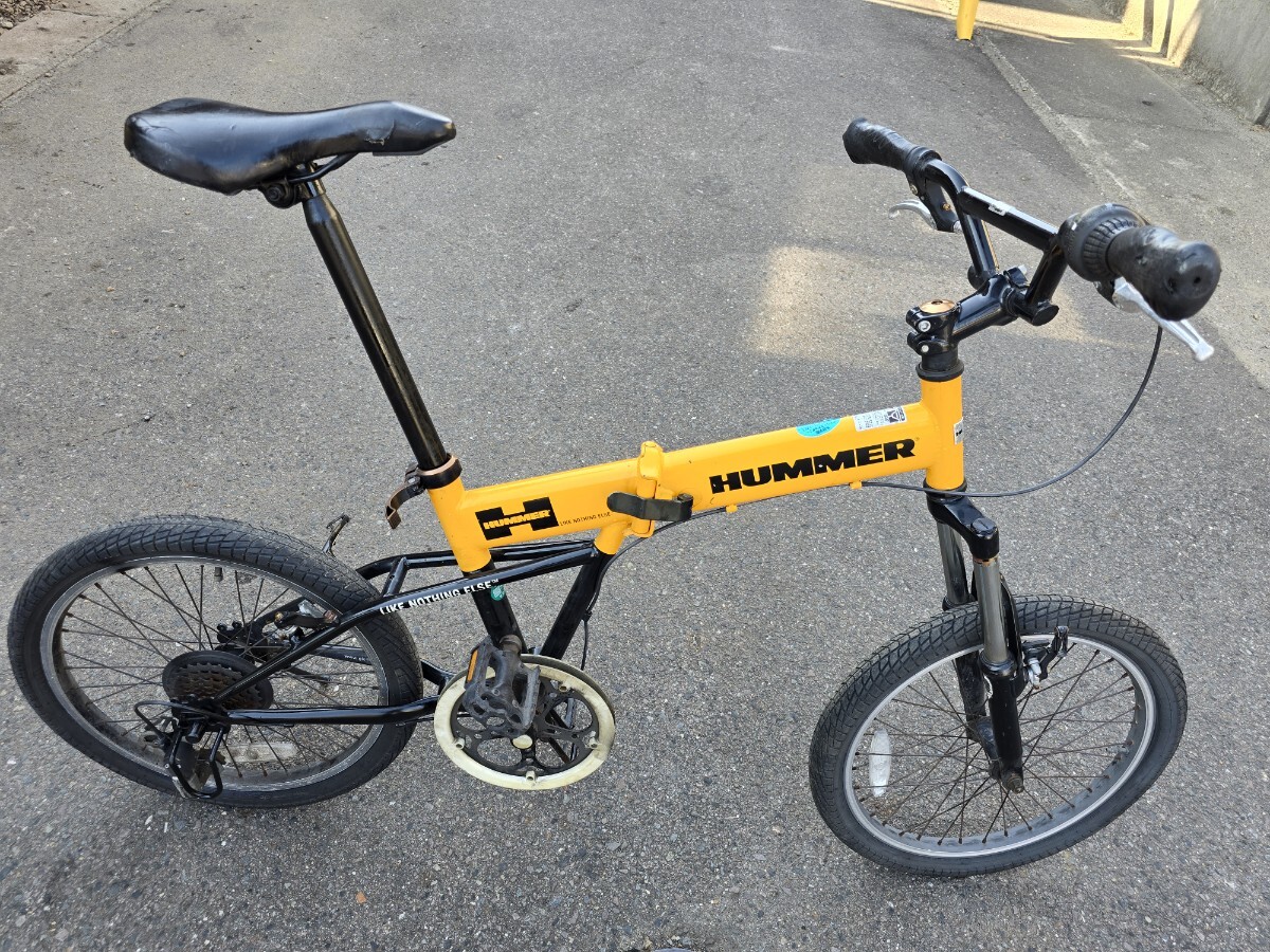 【JUNK】HUMMER 折りたたみ自転車 ブレーキワイヤーなし チェーンなし 後ホイール要交換 ハマー 20インチ 6ギア イエロー_画像1