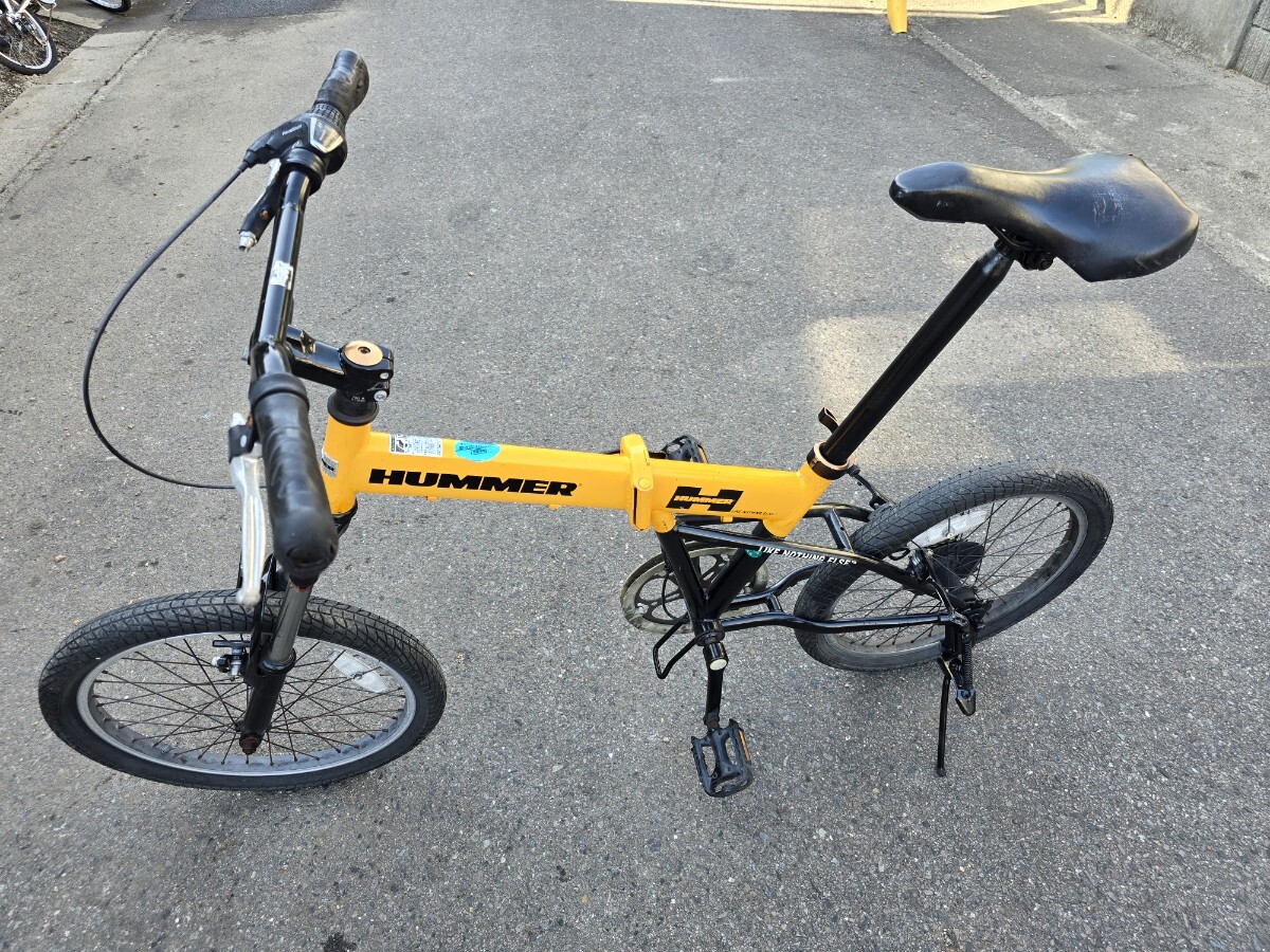 【JUNK】HUMMER 折りたたみ自転車 ブレーキワイヤーなし チェーンなし 後ホイール要交換 ハマー 20インチ 6ギア イエロー_画像2