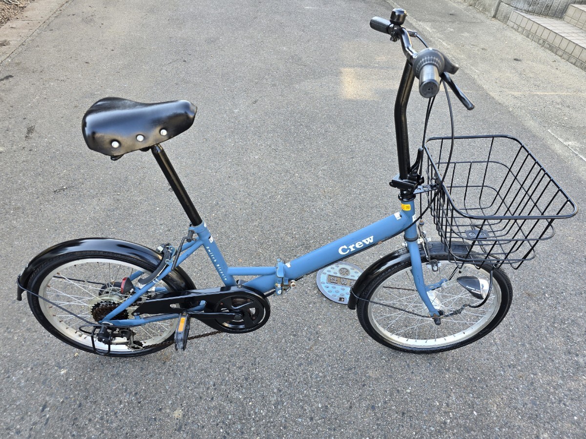 Crew 折りたたみ自転車 6ギア 20インチ ブルー 前カゴ付 カギあり_画像1