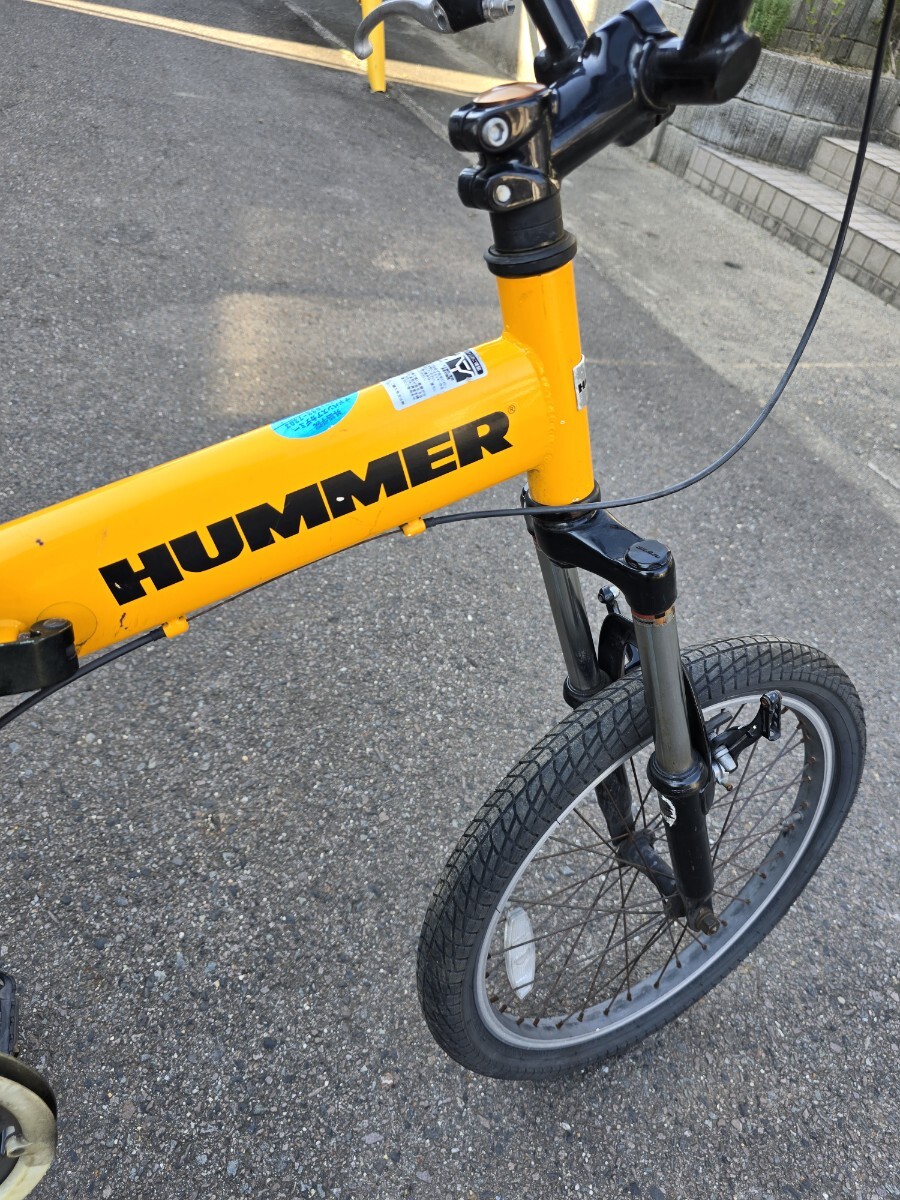 【JUNK】HUMMER 折りたたみ自転車 ブレーキワイヤーなし チェーンなし 後ホイール要交換 ハマー 20インチ 6ギア イエロー_画像4