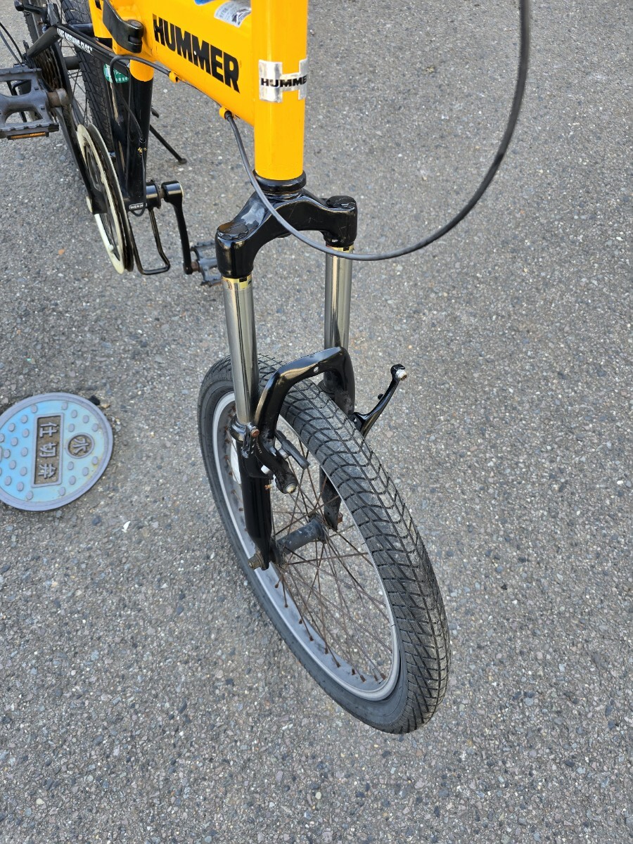 【JUNK】HUMMER 折りたたみ自転車 ブレーキワイヤーなし チェーンなし 後ホイール要交換 ハマー 20インチ 6ギア イエロー_画像5