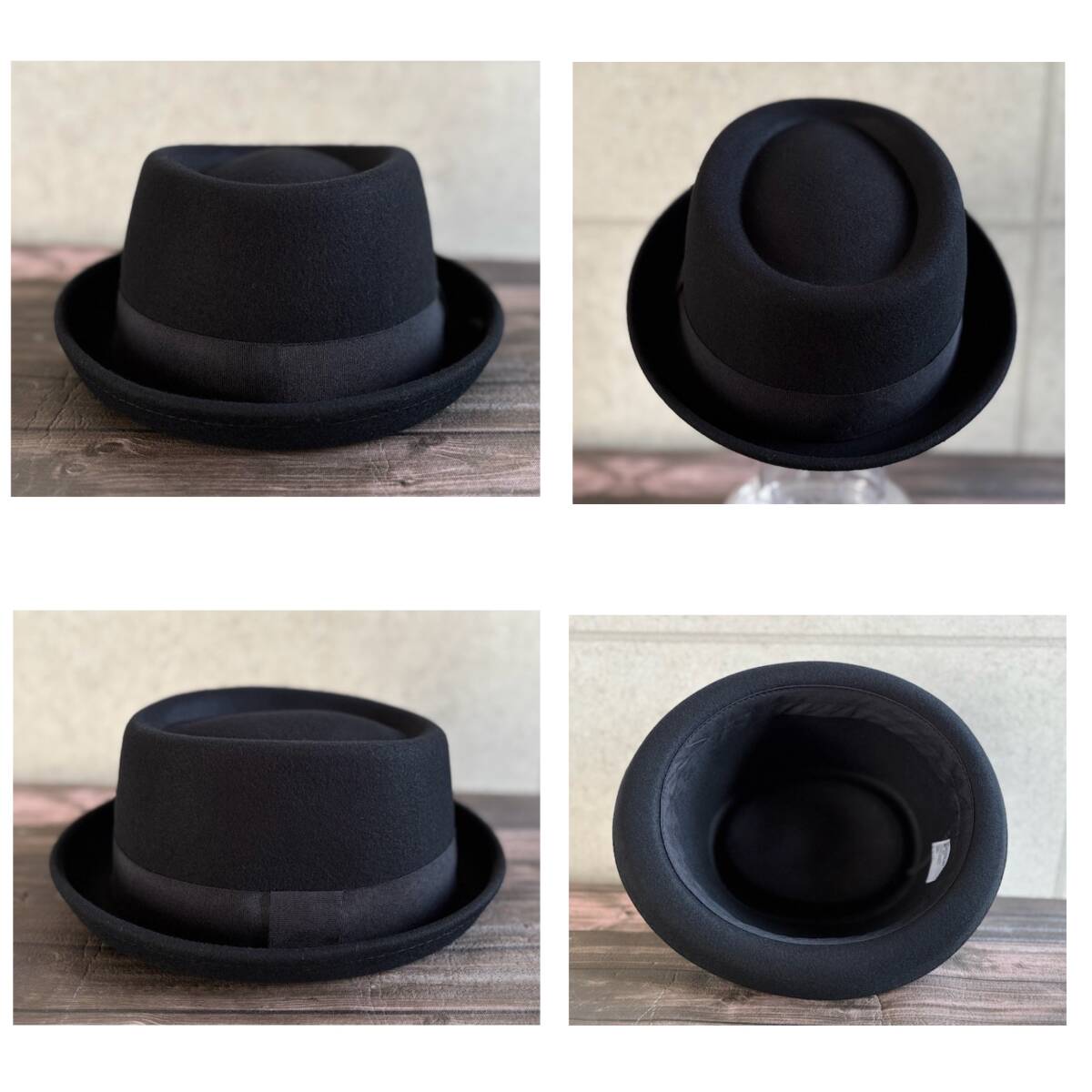 帽子 上質 ウール ポークパイ ハット フェルト レイハット テラピンチハット 羊毛 秋 冬 59cm サイズ調整 無地 男女兼用 ウール100 黒_画像3